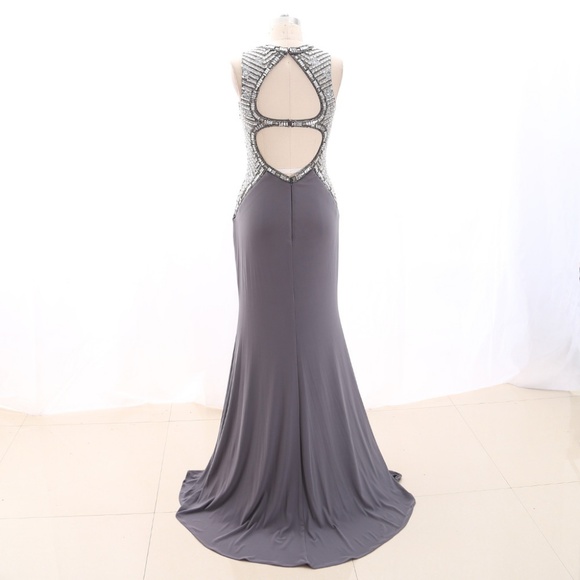 Crystal Jersey Gray Prom Pageant Gown Evening Gown - Picture 2 of 6